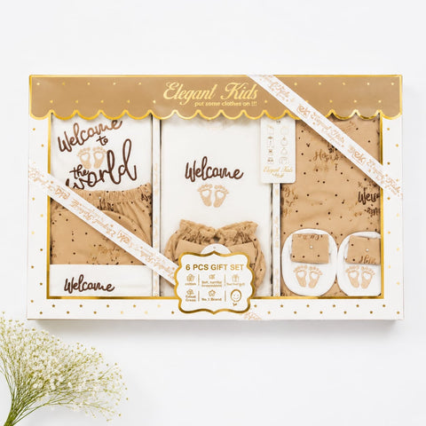 Newborn Starter Set Box - Cotton Interlock - 10 Pieces - Welcome - Brown
