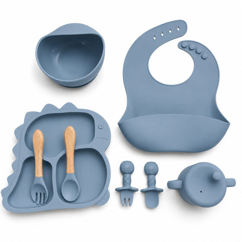 Silicone Baby Cutlery Set - 8 Pieces - Dinosaur - Dark Blue