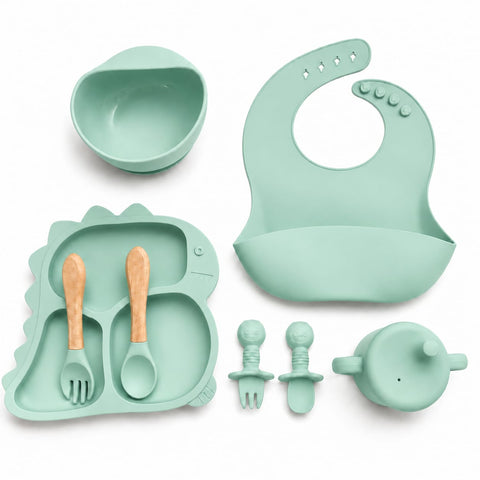 Silicone Baby Cutlery Set - 8 Pieces - Dinosaur - Light Green