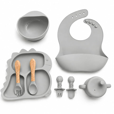 Silicone Baby Cutlery Set - 8 Pieces - Dinosaur - Grey