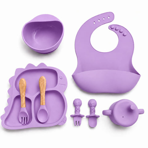 Silicone Baby Cutlery Set - 8 Pieces - Dinosaur - Purple