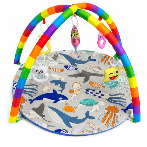 Baby Play Gym Mat with Hanging Toys for 0–12 Months - Grey Fish | Infant Activity Play Mat