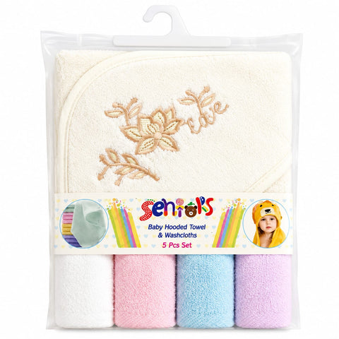 Newborn Bath Towel Gift Set - 5 Pieces - White - Mix