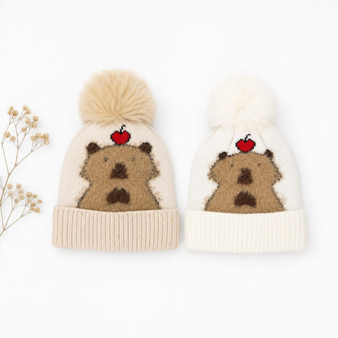 Pack of 2 - Woolen Caps - Off White & Skin - Pom Bear - 26