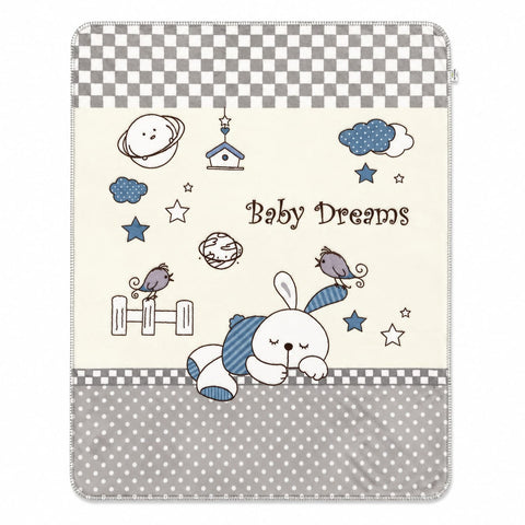 A baby blanket or throw featuring a whimsical space-themed design with the words 'Baby Dreams'. The design includes a white bunny with blue striped socks, stars, clouds, a bird, a moon, and a small house on an off-white background, framed by gray and whit