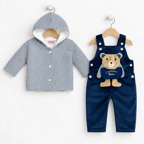 A two-piece baby clothing set displayed on wooden hangers against a white background. The set includes a long-sleeve hooded cardigan with navy and white horizontal stripes and a white-lined hood, and navy blue corduroy baby overalls featuring a teddy bear