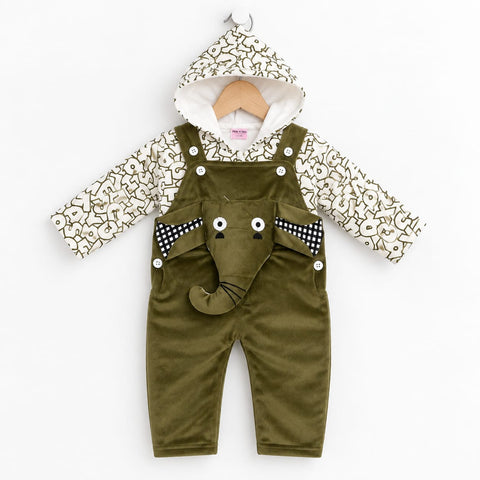 Winter Baby Dungaree Set Green Elephant | Warm & Cozy Baby Outfit