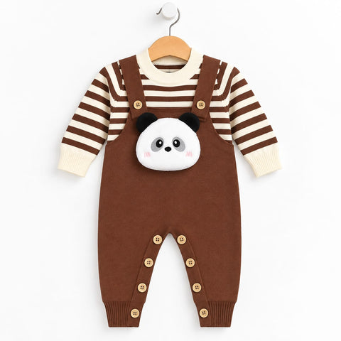 A baby's two-piece knit romper set hanging on a wooden hanger against a white background. The set includes a brown corduroy-style overall jumpsuit with a cute 3D panda face patch on the chest and snap-button legs, paired with a cream and brown striped lon