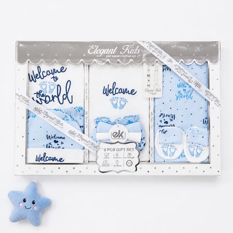 Newborn Starter Set Box - Cotton Interlock - 10 Pieces - Welcome - Blue