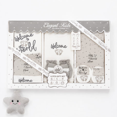 Newborn Starter Set Box - Cotton Interlock - 10 Pieces - Welcome - Grey