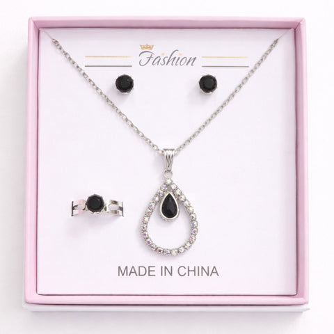 Fashion - 3 Pieces - Jewelry Set - Black - Silver Drop