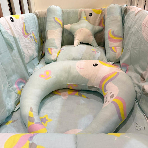 8 Pieces Cot Bedding Set - Sea Green - Unicorn