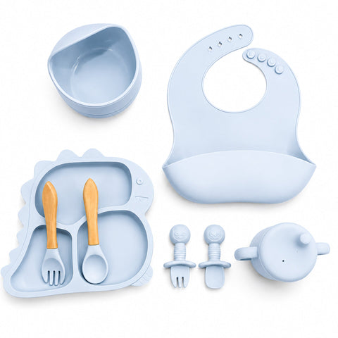 Silicone Baby Cutlery Set - 8 Pieces - Dinosaur - Light Blue