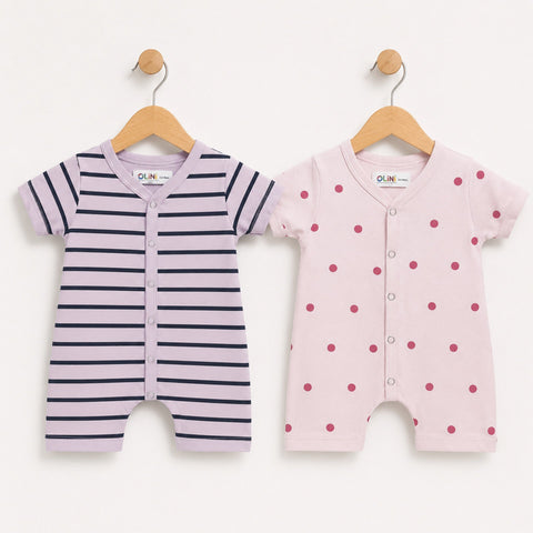 Cotton Jersey Short Leg Rompers - Pack of 2 - Purple Stripes & Pink Polka - LUJ - OLINI