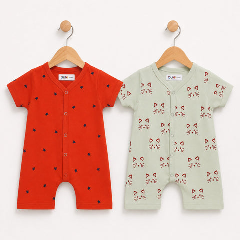Cotton Jersey Short Leg Rompers - Pack of 2 - Orange Stars & Murmur Cat - LUJ - OLINI