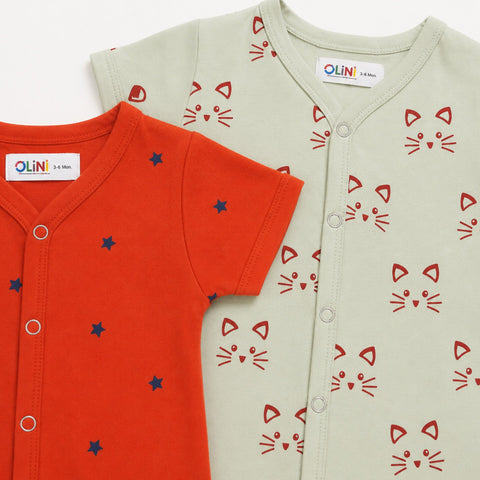 Cotton Jersey Short Leg Rompers - Pack of 2 - Orange Stars & Murmur Cat - LUJ - OLINI