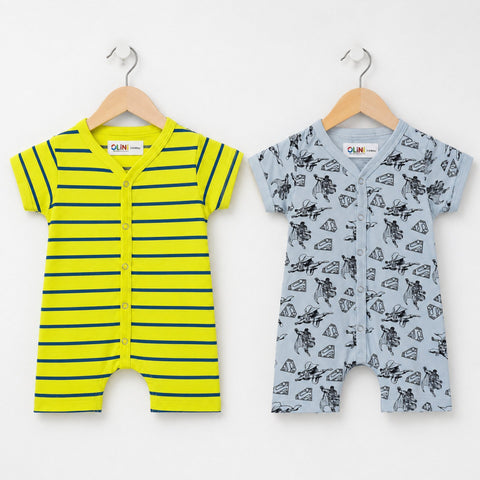 Cotton Jersey Short Leg Rompers - Pack of 2 - Lemon Stripes & Sky Hero - LUJ - OLINI