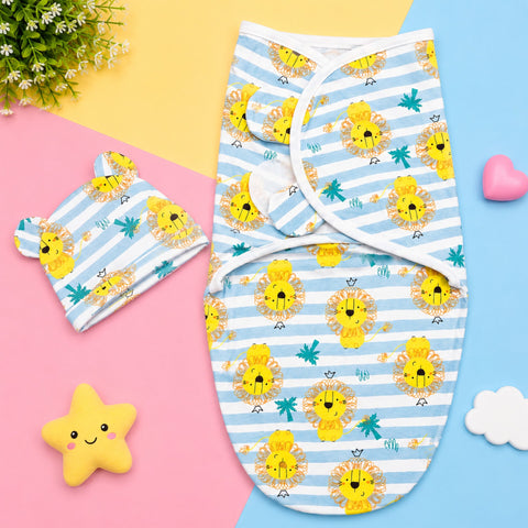 Newborn Swaddle with Cap - Blue - Lion
