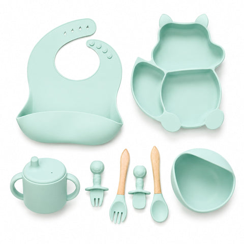 Silicone Baby Cutlery Set - 8 Pieces - Cat - Light Green