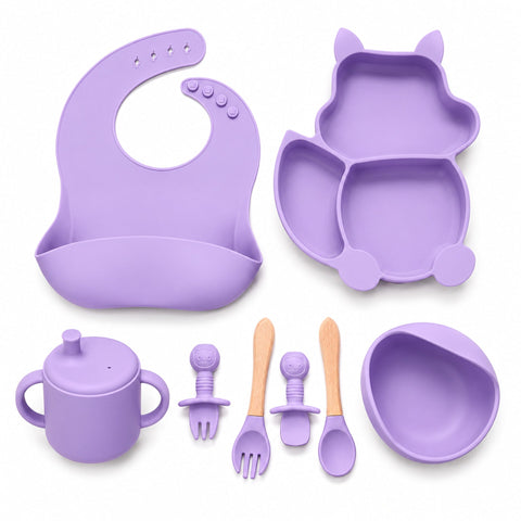 Silicone Baby Cutlery Set - 8 Pieces - Cat - Purple