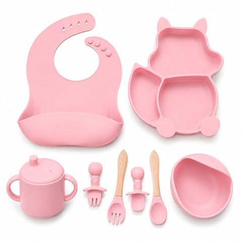 Silicone Baby Cutlery Set - 8 Pieces - Cat - Baby Pink