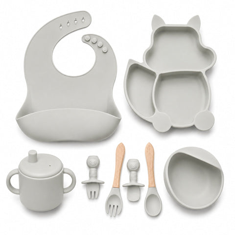 Silicone Baby Cutlery Set - 8 Pieces - Cat - Grey