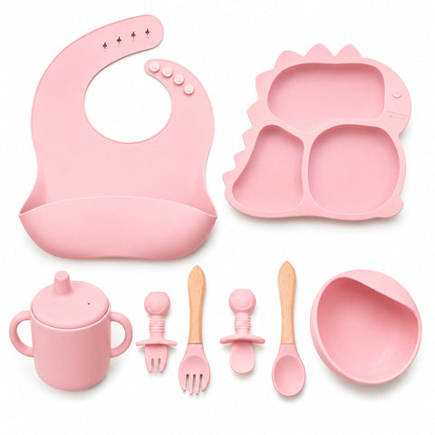 Silicone Baby Cutlery Set - 8 Pieces - Dinosaur - Baby Pink
