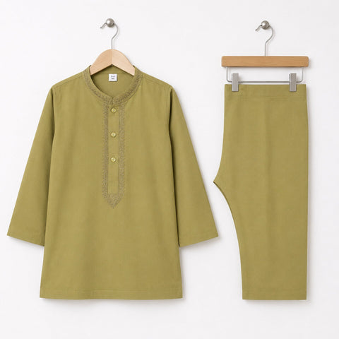 Soft Cotton Embroidered Kurta Shalwar - Olive - TBS