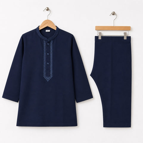 Soft Cotton Embroidered Kurta Shalwar - Navy - TBS