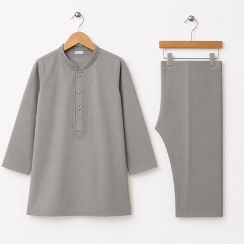 Soft Cotton Embroidered Kurta Shalwar - Grey - TBS