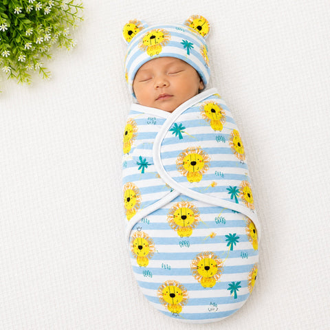 Newborn Swaddle with Cap - Blue - Lion