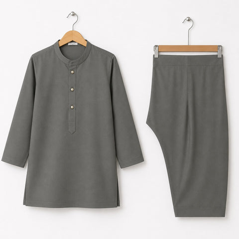 Soft Cotton Kurta Shalwar - Grey - LUJ - OLINI