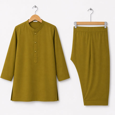 Soft Cotton Kurta Shalwar - Olive - LUJ - OLINI