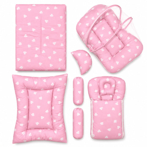 Newborn Cotton Bedding Set - 8 Pieces - Pink - Hearts