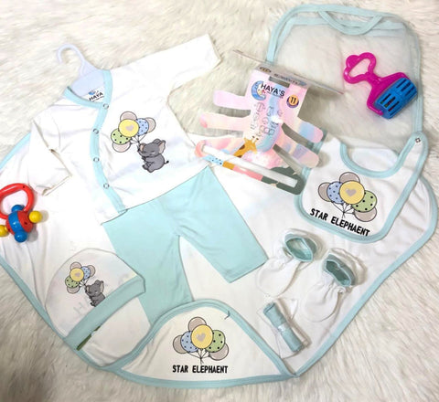 Newborn Starter Set - Cotton Interlock - 11 Pieces - Elephant - Green