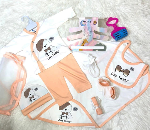Newborn Starter Set - Cotton Interlock - 11 Pieces - Teddy - Peach