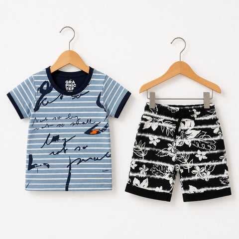Cotton Jersey T-Shirt & Short - Blue Abstract & Black