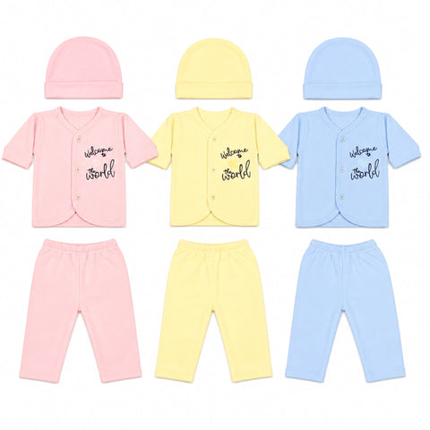 Three sets of baby clothing laid out on a white background: pink, yellow, and light blue snap-button tops with matching hats and pants. Each set has the words 'welcome world' printed on the front.