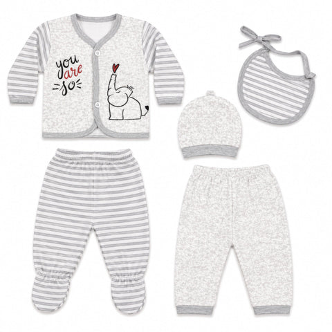 5 Pieces Imported Newborn Fleece Starter Set – Grey Elephant | Soft Winter Baby Clothing Set | 0+ Months