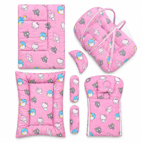 A 6-piece baby bedding set in pink, featuring a cartoon cat and rabbit pattern, including a bassinet cover with a clear canopy, changing pads, mattress protectors, and a footmuff, arranged on a white background.