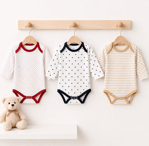 Three long-sleeve baby bodysuits hang on a wooden rack against a white wall. The left bodysuit is white with small red polka dots and red trim; the center bodysuit is white with small dark blue polka dots and dark blue trim; the right bodysuit is cream wi
