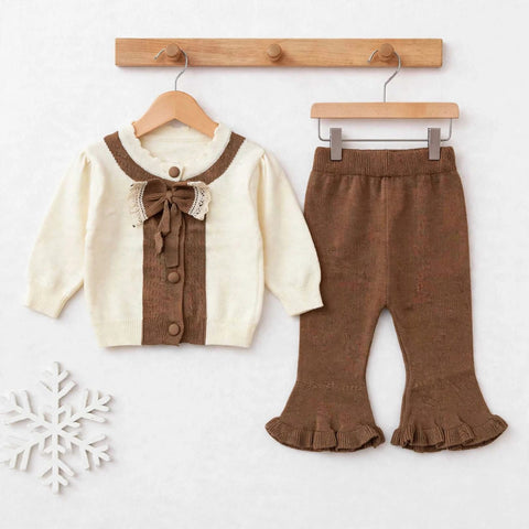Imported Wool Baby Suit Set – Buttoned Shirt & Trouser Cream & Brown Bow | Winter Clothing Set | 0–2 Years