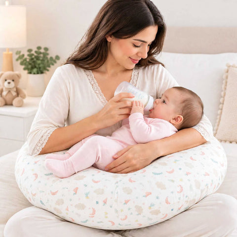 A woman sits on a bed holding a baby on her lap, using a round nursing pillow with a pastel moon and star pattern while the baby drinks from a bottle.