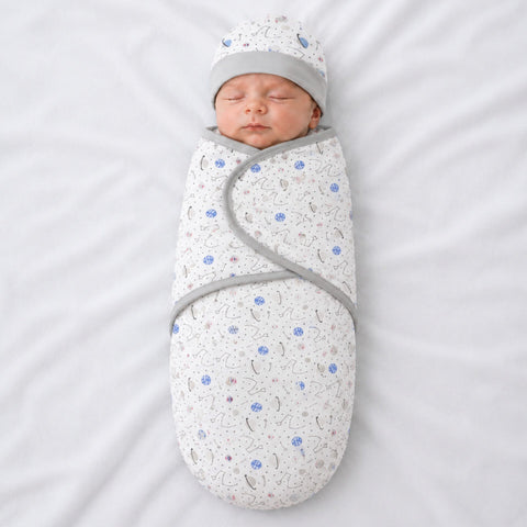Little Laughs - Swaddle with Cap & Mittens - Grey - Planets