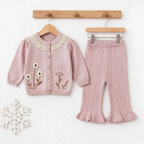Imported Wool Baby Suit Set – Buttoned Shirt & Trouser Pink Floral | Winter Clothing Set | 0–2 Years