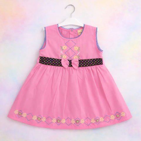 P&P - Short Sleeve - Embroidered Frock - Pink - Polka Bow