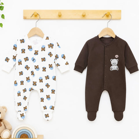 Close Feet Rompers - Pack of 2 - Brown & White - Bear - TBS