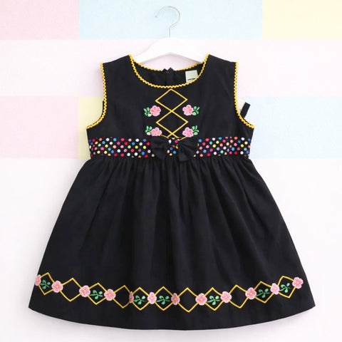 P&P - Short Sleeve - Embroidered Frock - Black - Polka Bow
