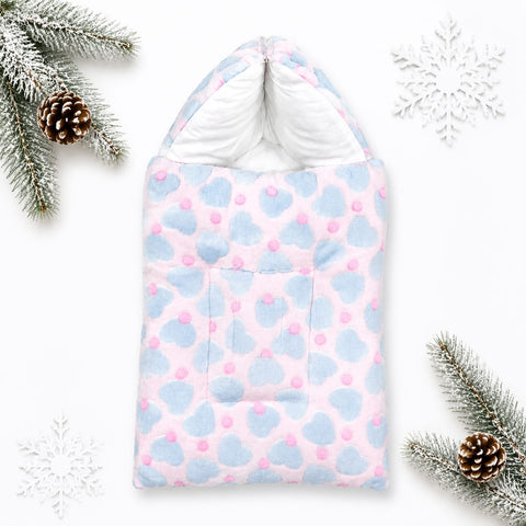 Fleece Hooded Baby Carry Nest – Pink Hearts | Soft Newborn Sleeping Bag & Carry Bed