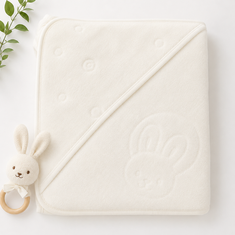 An off-white hooded baby towel with an embossed bunny face on the corner, styled flat-lay with a plush bunny teething ring toy on a white background.